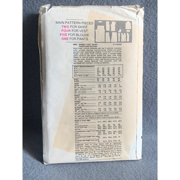 Vogue Pattern 8952 Womens Sewing Pattern Vest Shirt Skirt Pant Size 14 - uncut - Picture 2 of 2